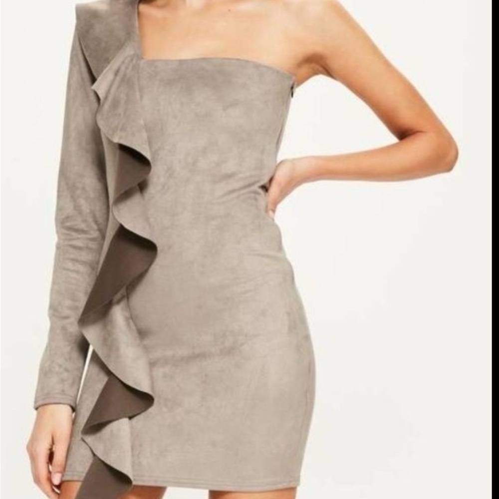 One-Shoulder Ruffle Dress in Taupe